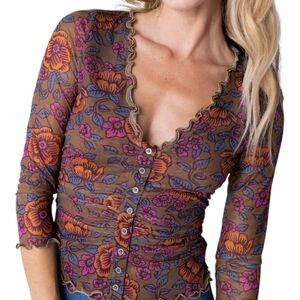 Natural Life Florence Mesh Top Floral Ruffle Sheer Button Front Brown Medium NWT